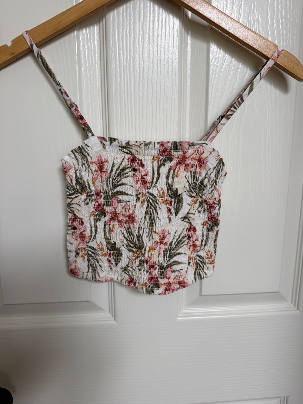 Abercrombie & Fitch White Floral Smocked Crop Top with Pink & Green Print